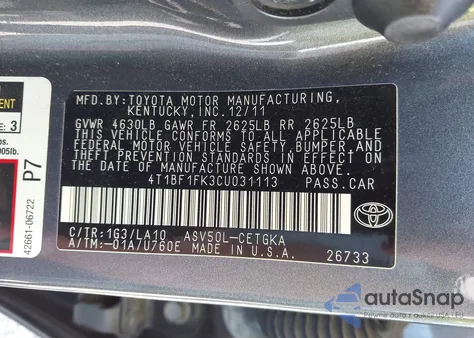 2012 Toyota Camry Xle from USA, damaged, VIN 4T1BF1FK3CU031113